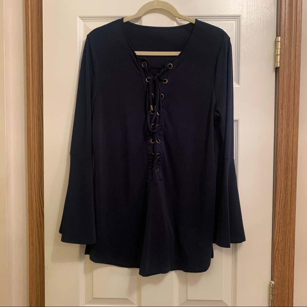 Navy bell sleeve with tie up blouse